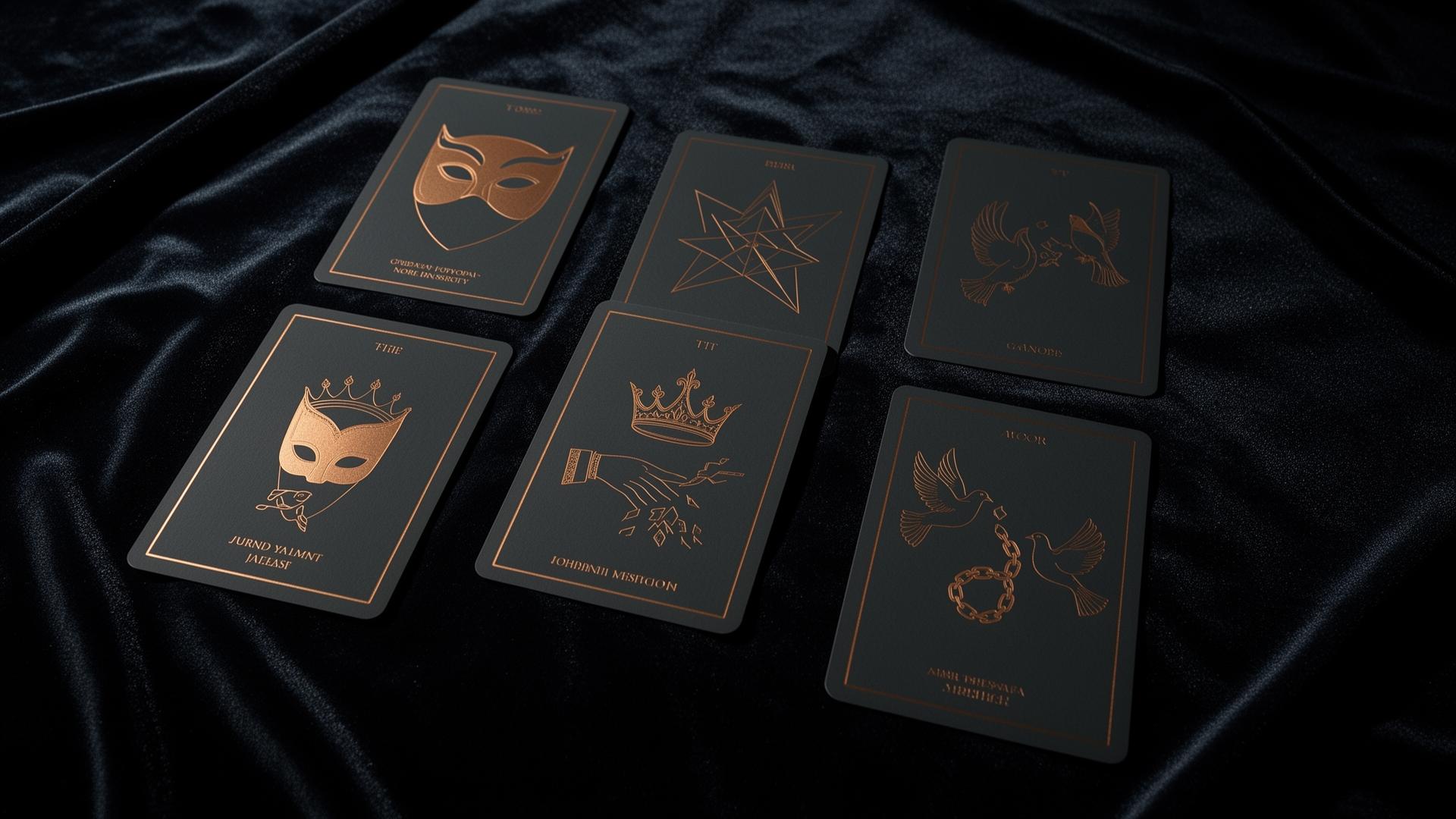 Unmasked identity cards in bronze foil on velvet