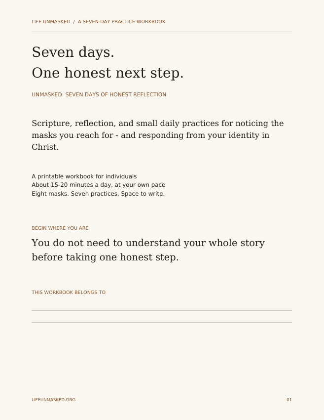 Cover of the actual Unmasked seven-day printable workbook. Read Day 1 free.