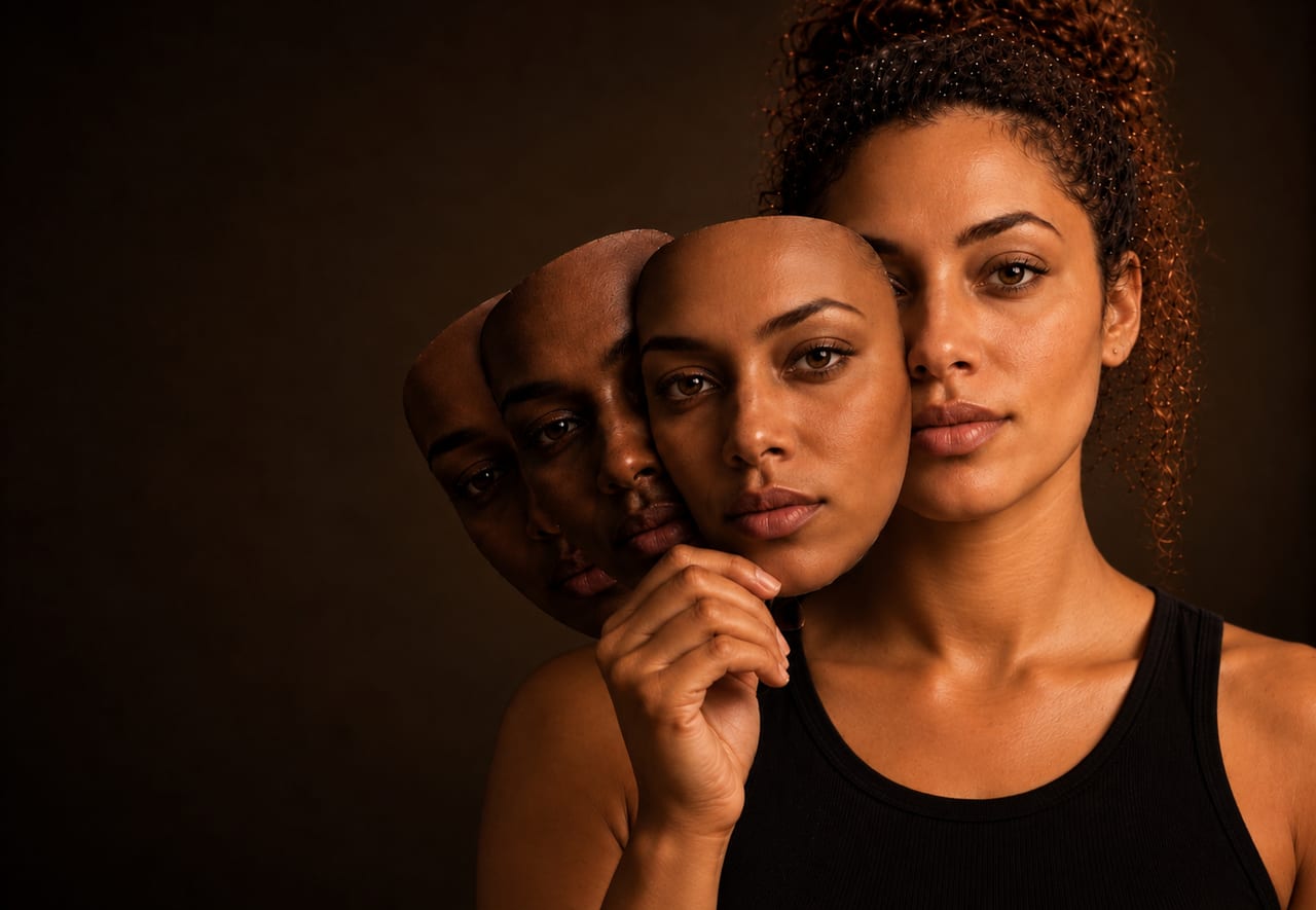 A woman holds masks of her own face beside her, and looks out unmasked in warm bronze light