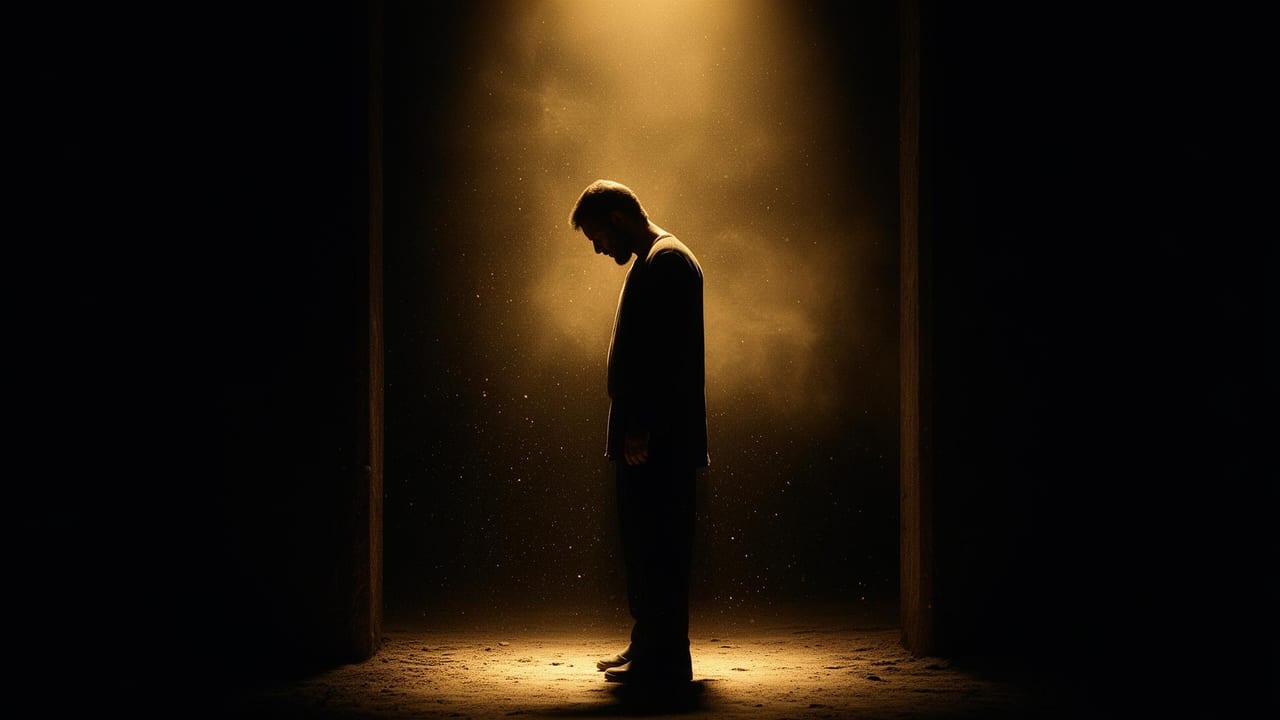 A silhouette standing in a beam of golden light